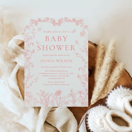 Peach Pink Garden Chinoiserie Baby shower Kaart