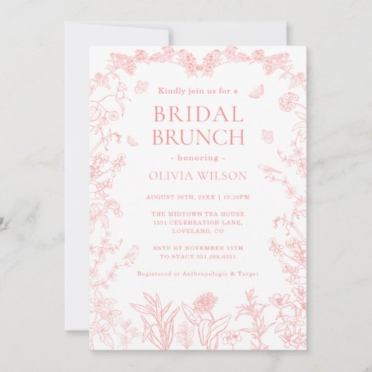 Peach Pink Garden Chinoiserie Bridal Brunch Kaart (Voorkant)