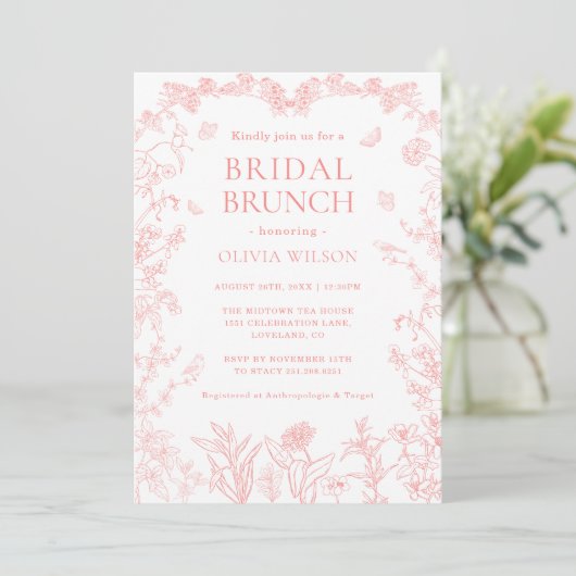 Peach Pink Garden Chinoiserie Bridal Brunch Kaart (Staand voorkant)