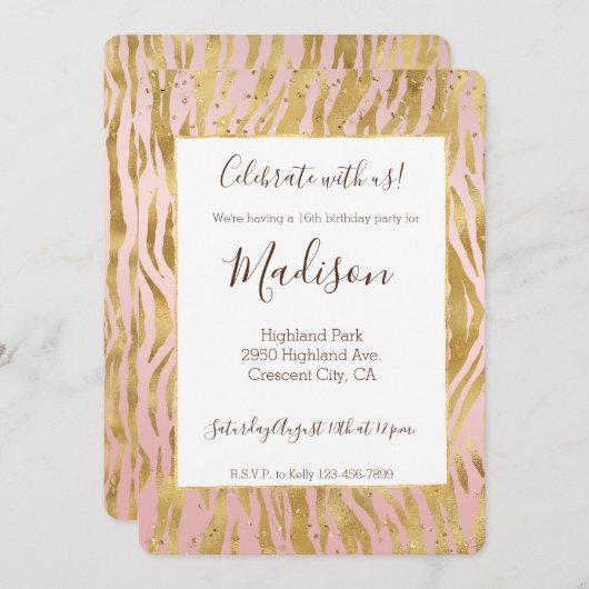 Peach Pink Gold Glitz Sparkle Zebra Print Kaart (Voorkant / Achterkant)