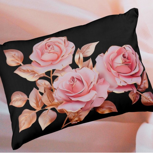 Peach Pink Gold Roses on Black Accent Kussen (Peach pink gold vintage roses on black background.)