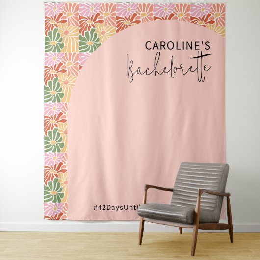 Peach Pink Groovy Bloemen Abstract Wandkleed (In situ)