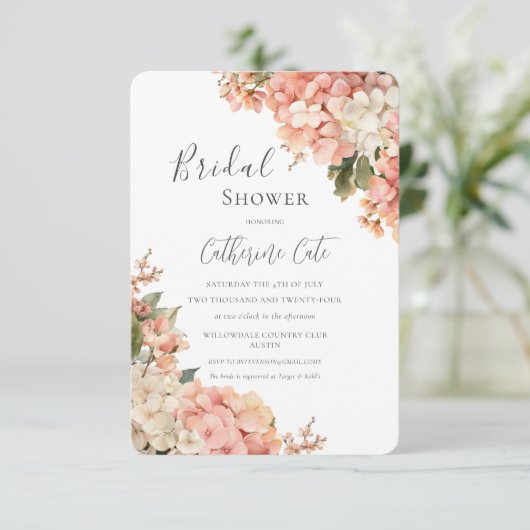 Peach & Pink Hydrangeas Floral Bridal Shower Kaart (Staand voorkant)