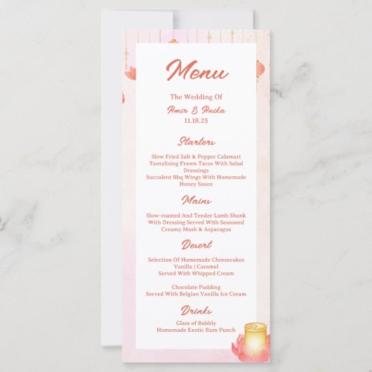 Peach Pink Lotus lantaarns Indiase bruiloft Menu (Voorkant)