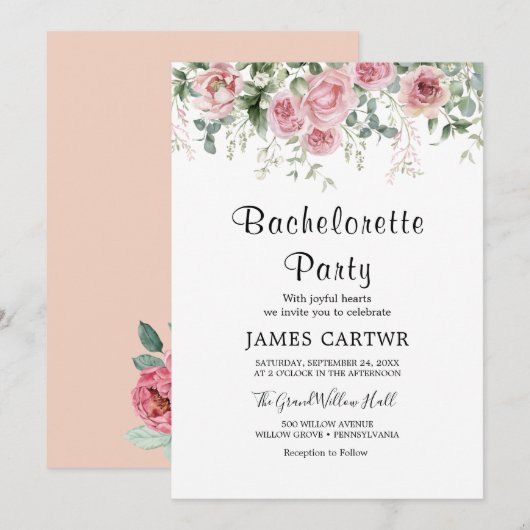Peach & Pink Peony Bachelorette Party Uitnodiging (Voorkant / Achterkant)