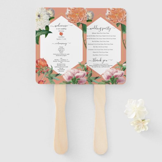 Peach Pink Pioenrozen Bloemen Trouwprogramma Handwaaier (Voorkant en achterkant)