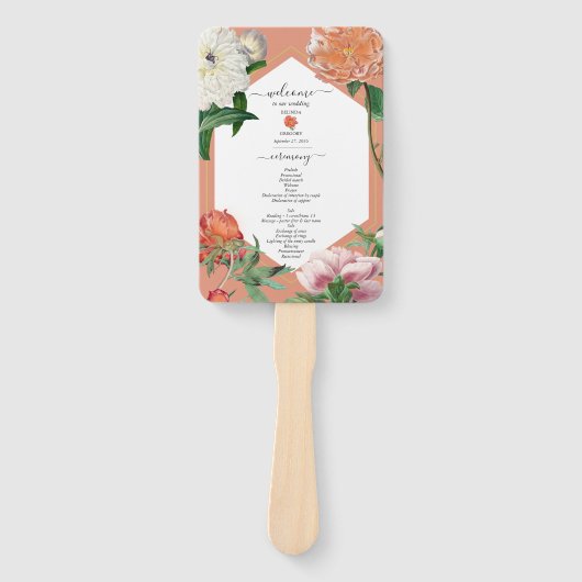 Peach Pink Pioenrozen Bloemen Trouwprogramma Handwaaier (Voorkant)