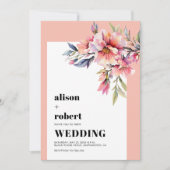 Peach pink rhododendron flowers sage green wedding kaart (Voorkant)