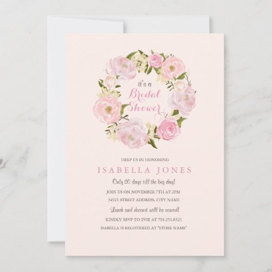 Peach Pink Spring Roos Bridal Shower Invitation Kaart (Voorkant)