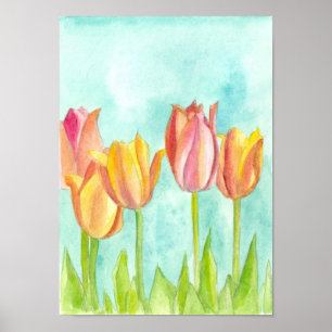 Peach Pink Tulip Pastel Watercolor Flowers Poster