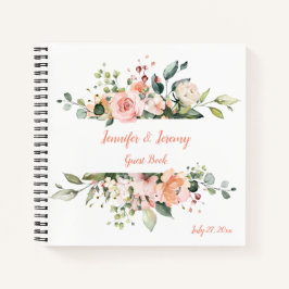 Peach Pink White Groen Bloemen Bruiloft Gastenboek Notitieboek