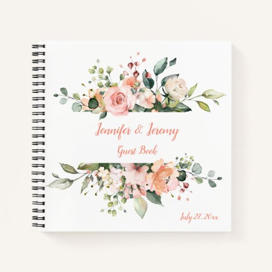 Peach Pink White Groen Bloemen Bruiloft Gastenboek Notitieboek (Voorkant)