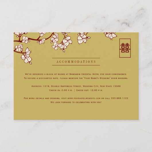 Peach/Plum Blossoms And Double Happiness Wedding Informatiekaartje (Voorkant)