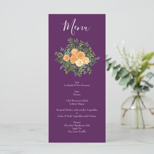 Peach Plum Paars Peony Roos Wedding Menu (Staand voorkant)