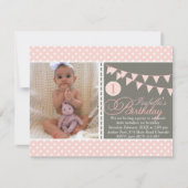 Peach Polka Dot Bunting Eerste Verjaardag Uitnodig Kaart (Voorkant)