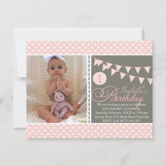 Peach Polka Dot Bunting Eerste Verjaardag Uitnodig Kaart (Voorkant)