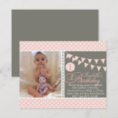 Peach Polka Dot Bunting Eerste Verjaardag Uitnodig Kaart (Voorkant / Achterkant)