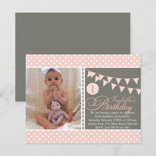 Peach Polka Dot Bunting Eerste Verjaardag Uitnodig Kaart (Voorkant / Achterkant)