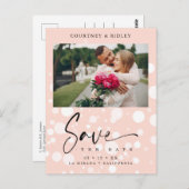 Peach Polka Dot Custom Photo Couple Weddenschap Briefkaart (Voorkant / Achterkant)