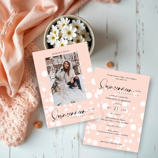 Peach Polka Dot Custom Photo Quinceañera Kaart