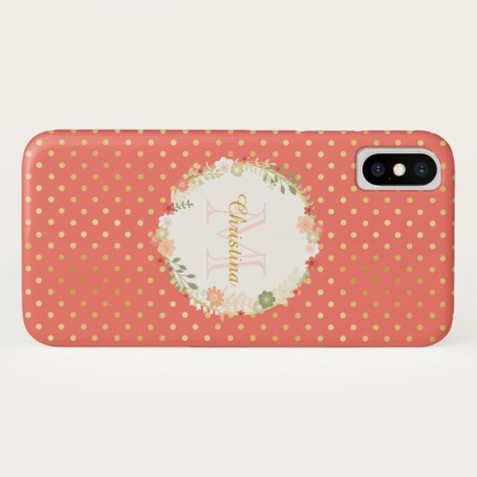  Peach Polka Dot Floral Name and Monogram Case-Mate iPhone Case (Achterkant (horizontaal))