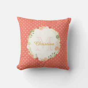 Peach Polka Dot Floral Name and Monogram Kussen