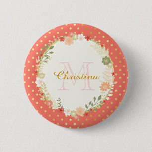 Peach Polka Dot Floral Name and Monogram Ronde Button 5,7 Cm