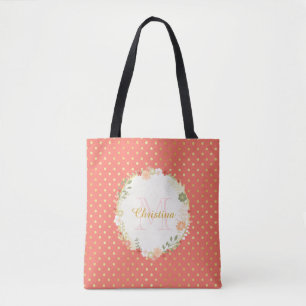 Peach Polka Dot Floral Name and Monogram Tote Bag