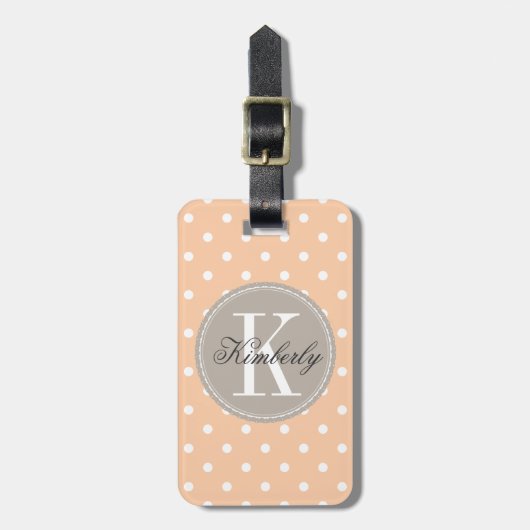 Peach Polka Dot with Taupe Monogram Bagagelabel (Voorkant verticaal)