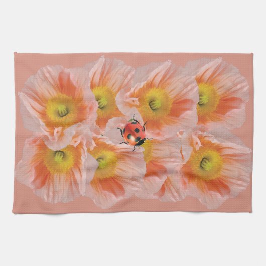 Peach Poppies & Ladybug Keuken Handdoek (Horizontaal)