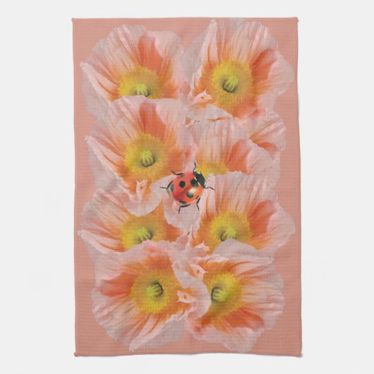 Peach Poppies & Ladybug Keuken Handdoek (Verticaal)
