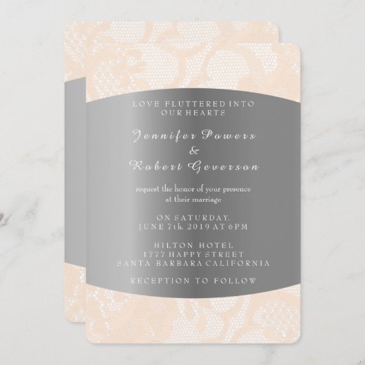Peach Powder Lace Silver Wedding Royal Uitnodiging (Voorkant / Achterkant)