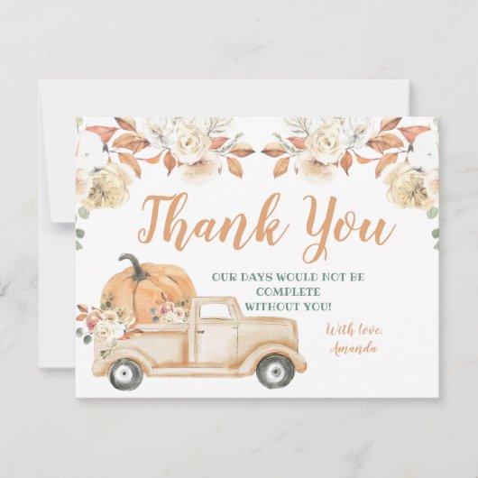 Peach Pumpkin Rustic Truck Greenery Baby shower Bedankkaart (Voorkant)