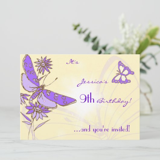 Peach Purple Butterfly Invitation Card Kaart (Staand voorkant)