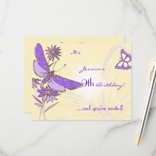 Peach Purple Butterfly Invitation Card RSVP Kaartje (Voorkant / Achterkant in situ)