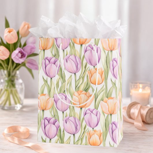 Peach Purple Tulip Pattern Elegant Spring Floral Medium Cadeauzakje