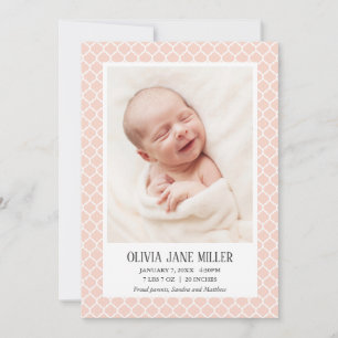 Peach Quatrefoil Baby Birth Announding Foto Aankondiging