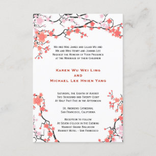 Peach Red & Pink Cherry Blossom Oriental Wedding Kaart