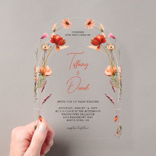 Peach Red Wildflowers Wedding Acryl Uitnodigingen (Insitu (Draagbaar))