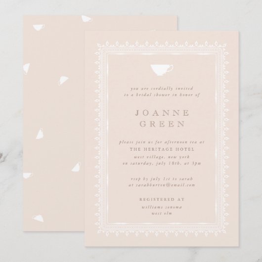 Peach Regency Afternoon Tea Bruids/Trouwdouche Kaart (Voorkant / Achterkant)