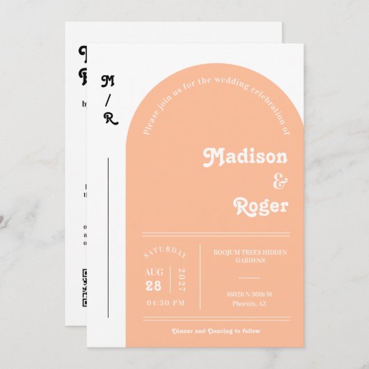 Peach Retro Arch Foto QR Code RSVP Groovy Kaart (Voorkant / Achterkant)