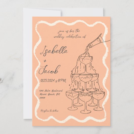 Peach Retro Champagne Tower Hand getrokken bruilof Kaart (Voorkant)