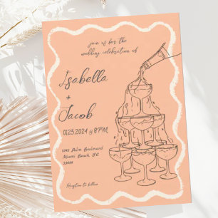 Peach Retro Champagne Tower Hand getrokken bruilof Kaart