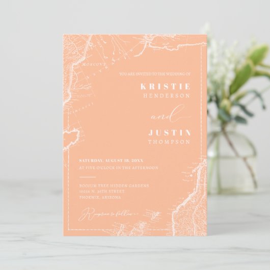 Peach Retro Reizen QR Code Foto Bruiloft Kaart (Staand voorkant)