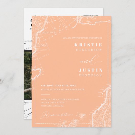 Peach Retro Reizen QR Code Foto Bruiloft Kaart (Voorkant / Achterkant)