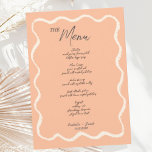 Peach Retro Wavy Squiggle Handgeschreven bruiloft Menu<br><div class="desc">Een trendy golvende rand handgeschreven krabbel stijl bruiloft menukaart volgens de nieuwste trend in bruiloft briefpapier.</div>
