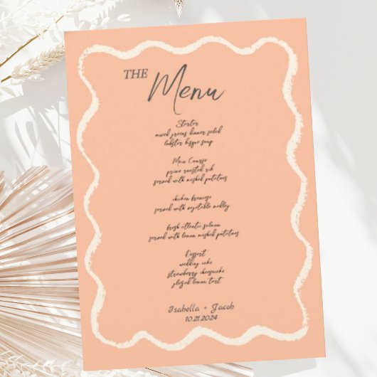 Peach Retro Wavy Squiggle Handgeschreven bruiloft Menu