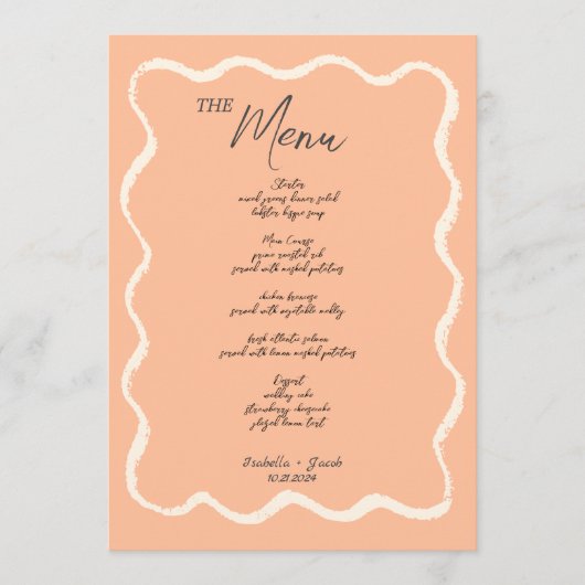 Peach Retro Wavy Squiggle Handgeschreven bruiloft Menu (Voorkant)