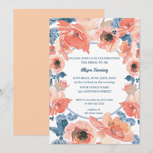 Peach Roos Blue Waterverf Vrijgezellenfeest Kaart (Voorkant / Achterkant)