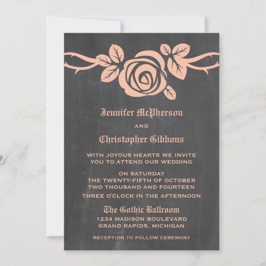 Peach Roos Chalkboard Wedding Invite Kaart (Voorkant)